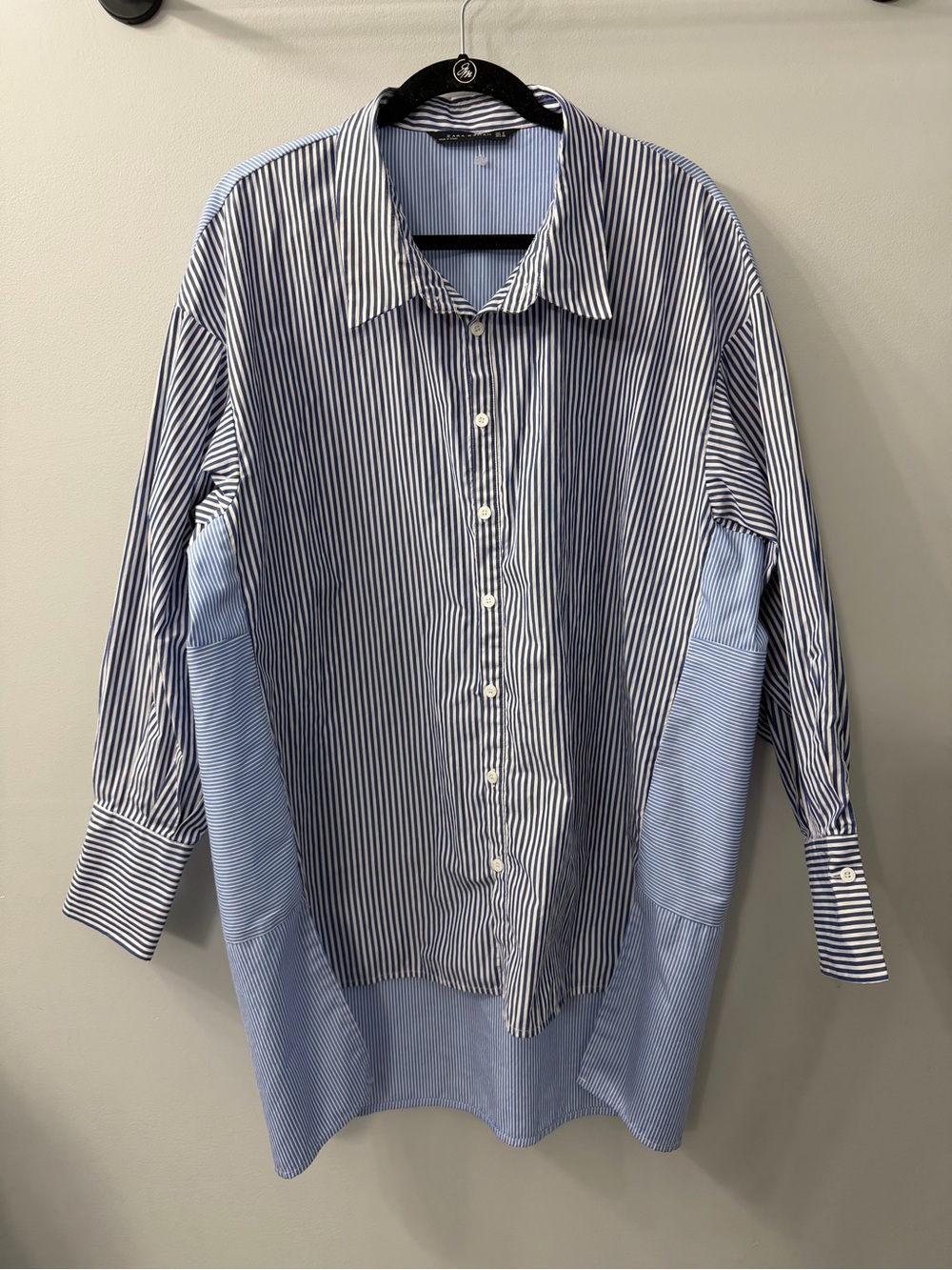 Zara Woman Blue and White Stripe Button-Down High Low Puff Sleeve Shirt Small